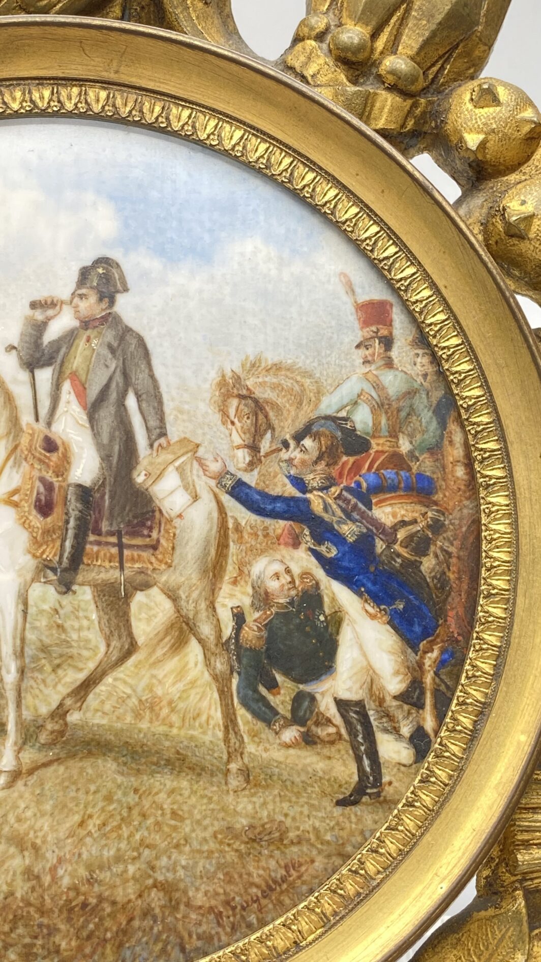 O. VERNET D’APRÉS MINIATURA DIPINTA SU AVORIO, DI NAPOLEONE BONAPARTE DURANTE LA BATTAGLIA DI WAGRAM, CON PREGIATA CORNICE IN BRONZO DORATO COEVA. FRANCIA, PRIMA METÀ DEL XIX sec. - immagine 6