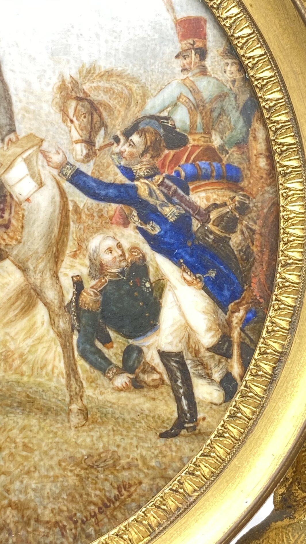 O. VERNET D’APRÉS MINIATURA DIPINTA SU AVORIO, DI NAPOLEONE BONAPARTE DURANTE LA BATTAGLIA DI WAGRAM, CON PREGIATA CORNICE IN BRONZO DORATO COEVA. FRANCIA, PRIMA METÀ DEL XIX sec. - immagine 8