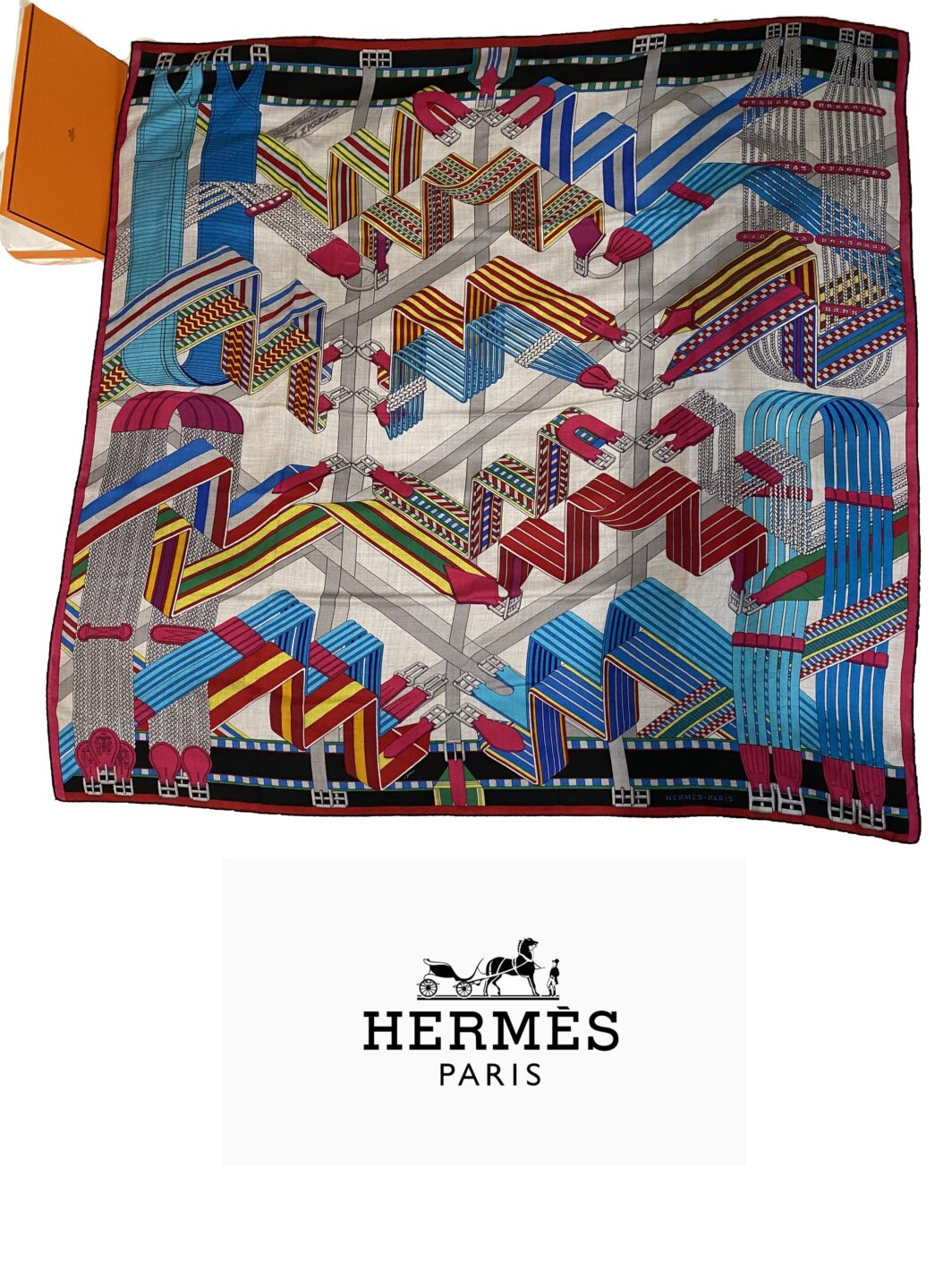 HERMÈS CHÂLE VINTAGE “SANGLES EN ZIGZAG” by VIRGINIE JAMIN (140cm). IN CACHEMIRE E SETA, CON SCATOLA ORIGINALE. - immagine 2