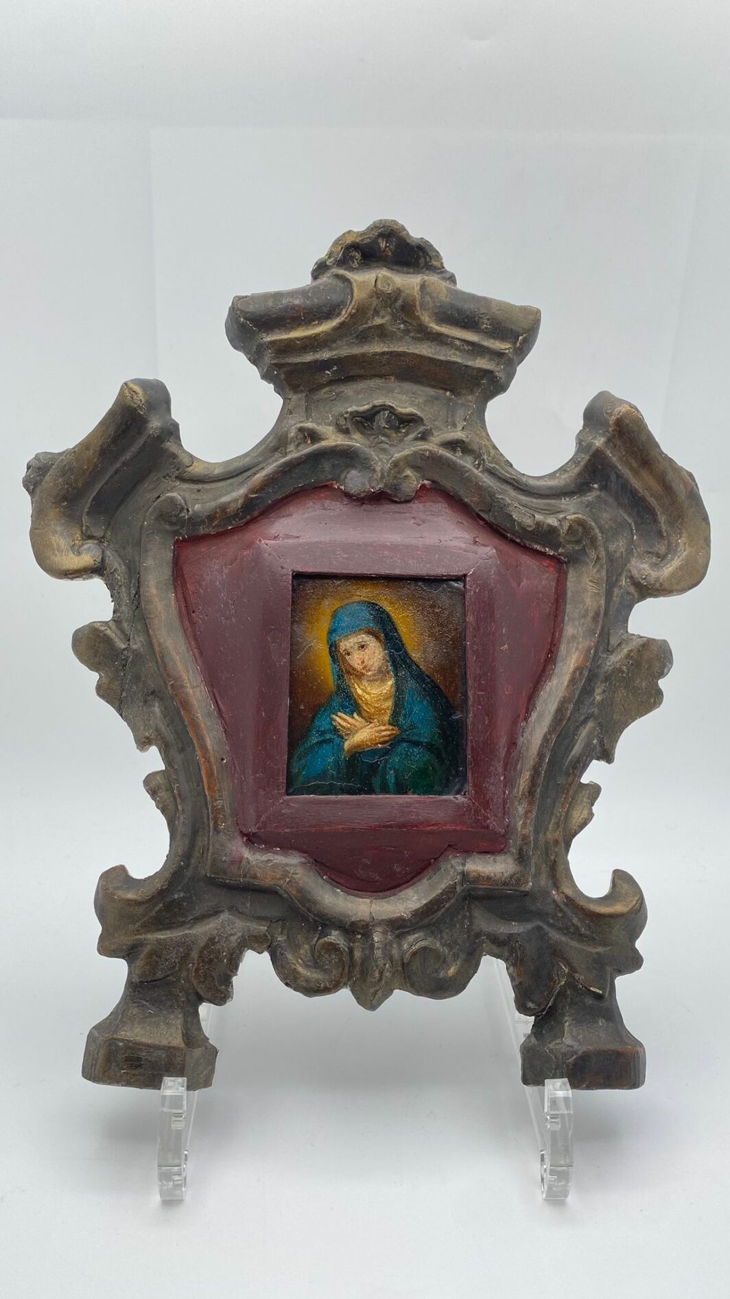 MADONNA DEL XVIII SECOLO DIPINTA SU RAME CON CORNICE IN LEGNO INTAGLIATO COEVA.