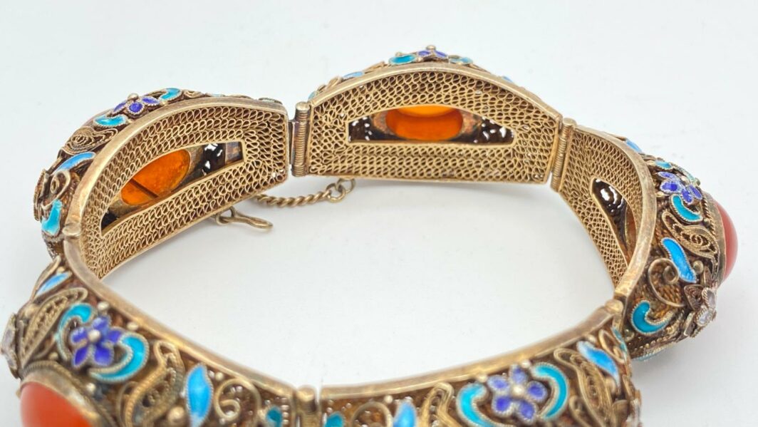 MERAVIGLIOSO BRACCIALE ANTICO CINESE IN FILIGRANA DI ARGENTO DORATO. EPOCA XIX SECOLO. - immagine 13