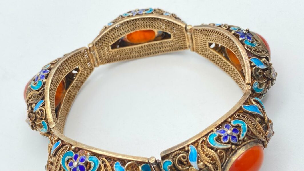 MERAVIGLIOSO BRACCIALE ANTICO CINESE IN FILIGRANA DI ARGENTO DORATO. EPOCA XIX SECOLO. - immagine 14