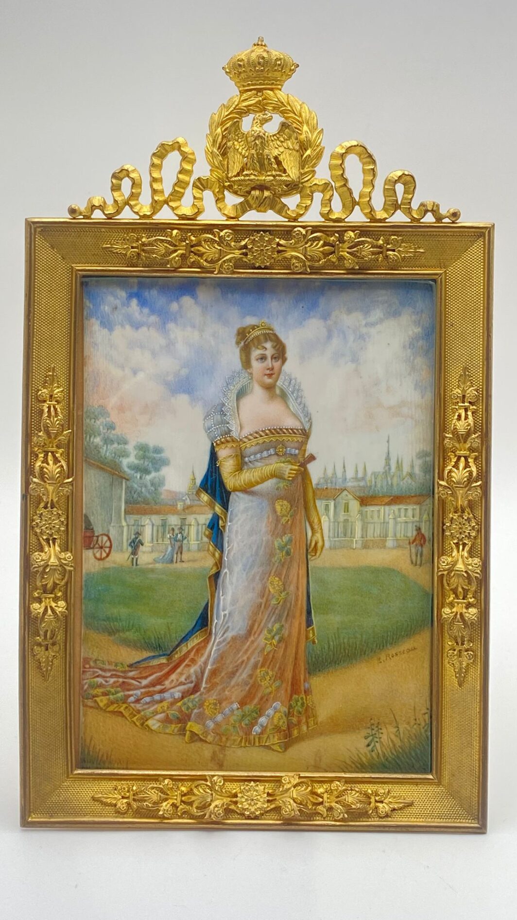 STRAORDINARIO PAIO DI MINIATURE DIPINTE A MANO SU AVORIO, RAFFIGURANTI NAPOLEONE BONAPARTE E MARIA LUIGIA D’AUSTRIA, FIRMATE RISPETTIVAMENTE DAI PITTORI “A. ORSELLI” E “E. ROSSEAU”, CON PREGIATE CORNICI IN BRONZO DORATO. FRANCIA, XIX sec. - immagine 9