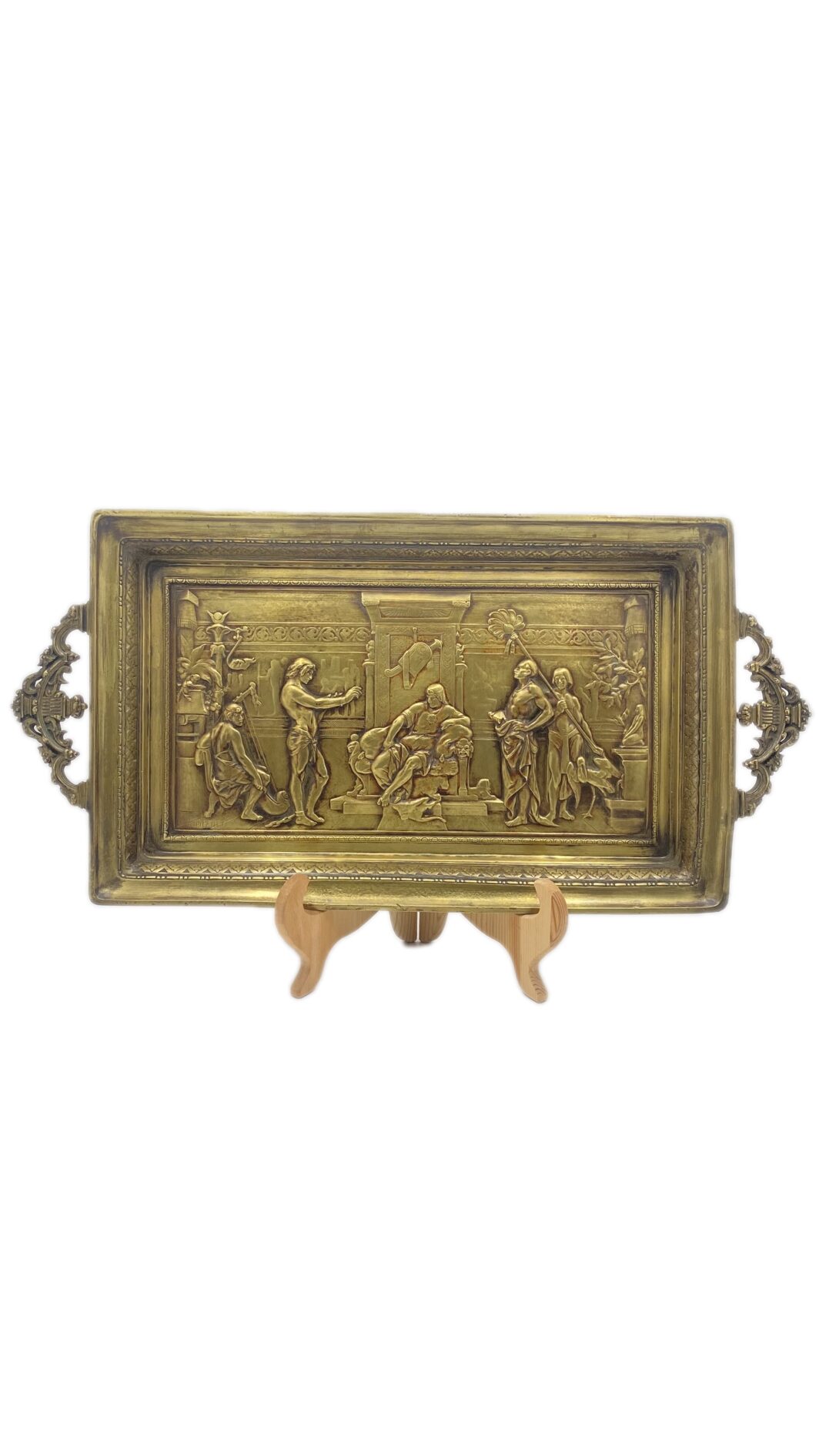 OPERA DEL CELEBRE SCULTORE E BRONZISTA ÉMILE PICAULT (Parigi 1833–1915) “GIUSEPPE INTERPRETA I SOGNI DEL FARAONE” – IMPORTANTE SALVER DA SCRITTOIO (50cm x25cm) DI STRAORDINARIA MAESTRIA SCULTOREA. FRANCIA XIX sec.