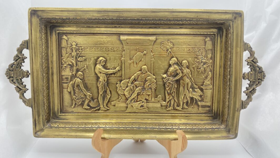 OPERA DEL CELEBRE SCULTORE E BRONZISTA ÉMILE PICAULT (Parigi 1833–1915) “GIUSEPPE INTERPRETA I SOGNI DEL FARAONE” – IMPORTANTE SALVER DA SCRITTOIO (50cm x25cm) DI STRAORDINARIA MAESTRIA SCULTOREA. FRANCIA XIX sec. - immagine 12